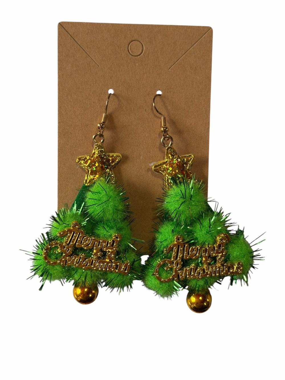 Festive Green 'Merry Christmas' Tree Drop Earrings